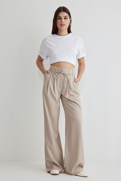 Trendyol Collection Wide Leg Beige Belted Woven Trousers - Twoss25Pl00031