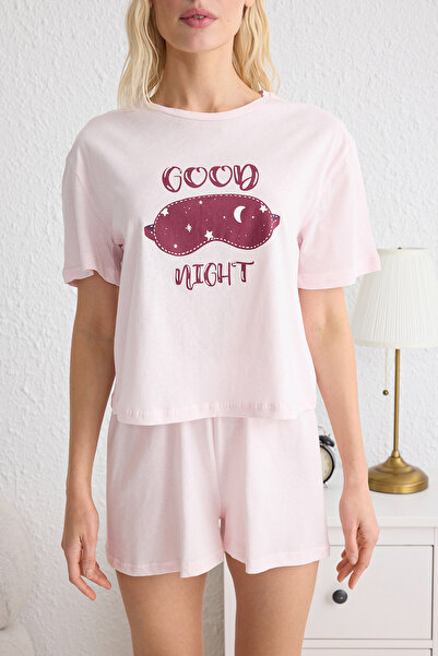Trendyol Collection Pink 100% Cotton Slogan Printed Knitted Pajamas Set Thmss25Pt00093
