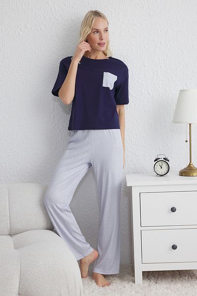 Trendyol Collection Set de pijamale tricotate cu model stea albastră THMSS25PT00123