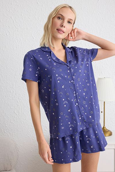 Trendyol Collection Set pijamale tricotate cu model Blue Galaxy THMSS25PT00011