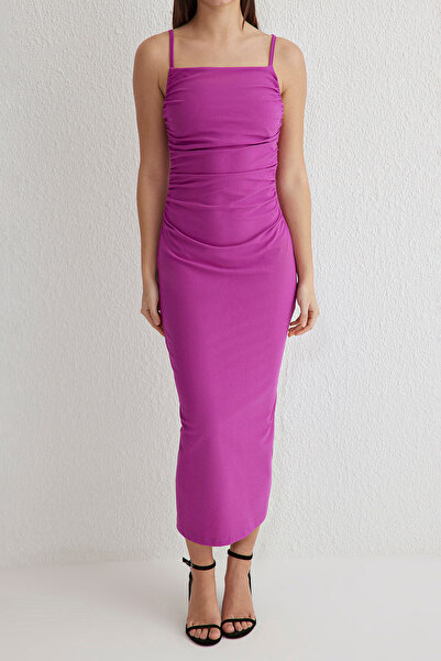 Trendyol Collection Fuchsia Shirring/Draping Detail Bodycone/Fitted Maxi Knitted Dress Twoss25El00069