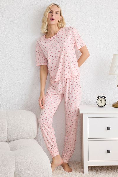 Trendyol Collection Pink Heart Pattern Knitted Pajamas Set Thmss25Pt00148