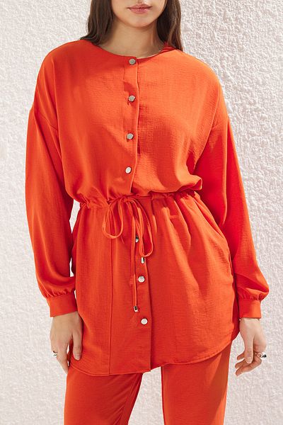 Trendyol Modest Narancssárga derék fűzős, drapériás, izzadásmentes nyári ing-nadrág szövő öltöny TCTSS21AU0237