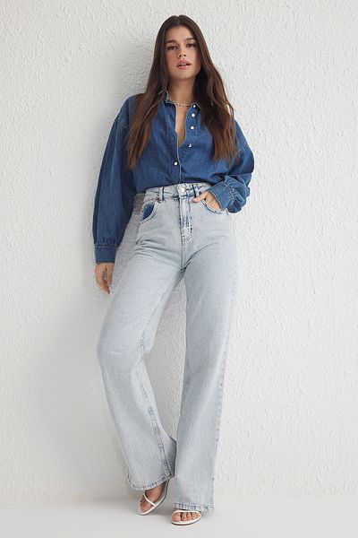 Trendyol Collection Light Blue Wide Leg Jeans with High Waist Slit - Twoss25Je00057