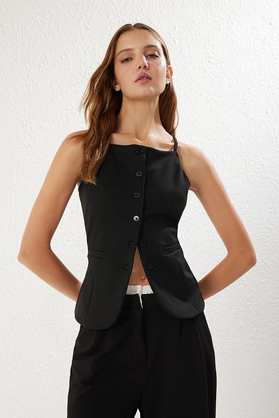 Trendyol Collection Black Straps Button Fleto Pocket Regular Knitted Vest Twoss25Ye00004