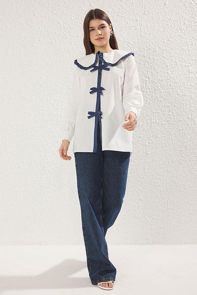 Trendyol Modest Dětská košile s límečkem Ecru Ribbon TCTSS25TG00012