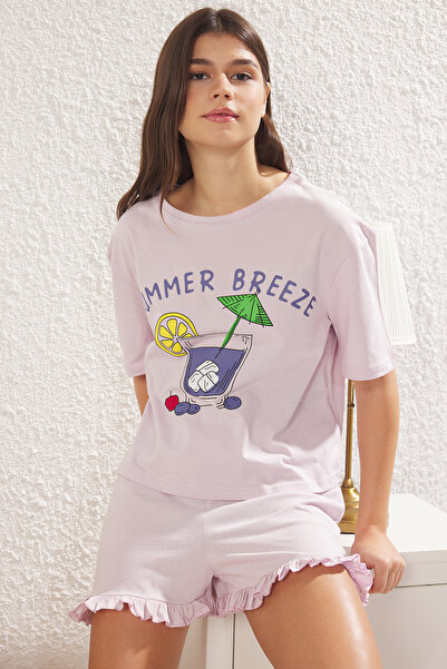 Trendyol Collection Summer Lilac Ruffle Cotton Pajamas Set - Thmss25Pt00147