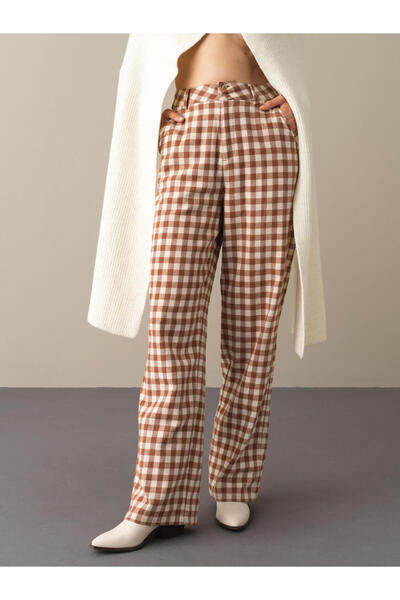 Xint Kadın Camel Oversize Ekose Pantolon