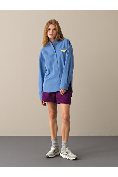 Xint Kadın Mavi Pamuk Dokulu Hakim Yaka Oversize Gömlek