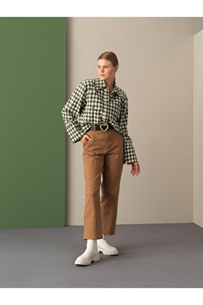 Xint Kadın Yeşil Pamuk Dokulu Oversize Ekose Gömlek