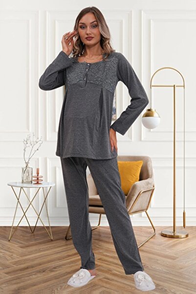 Mecit Pijama Maternity-Maternity Dressing Gown and Long Sleeve Viscose Nightgown and Pajamas Set - Set of 4