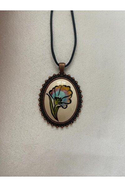 HEDİYEM EVİME İznik Çini Kolye Çiçek Figürlü Model El Boyaması Deri İpli