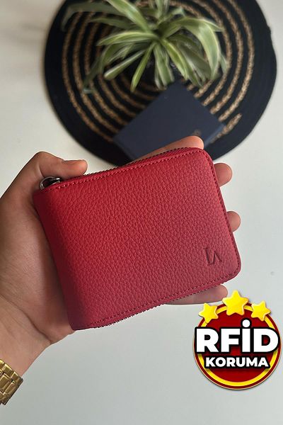 La La'Graccio Paris Portofel din piele naturală pentru bărbați Paris Lancy, cu fermoar, protecție RFID, roșu mat