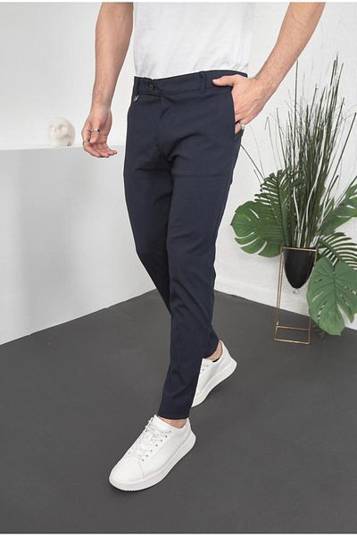 HBT Men's Navy Blue Slim Fit Lycra Ankle Length Italian Cut Fabric Trousers