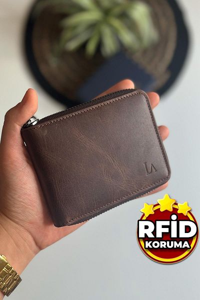 La La'Graccio Paris Мъжки портфейл от естествена кожа La'graccio Paris Lancy с цип и RFID защита, цвят Crazy Brown