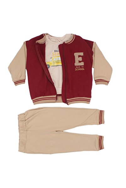 bebegen Хлопчачий бордо-бежевий комплект з 3 предметами: кофта з вишивкою та кардиган