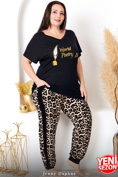 Jenny Daphne Lady Viscose Fabric Plus Size Leopard Print Short-Sleeve Long Pajamas 10982