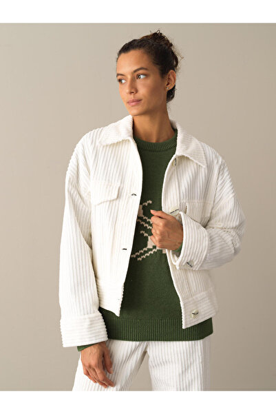 Xint Kadın Kbeyaz Pamuklu Oversize Kadife Ceket