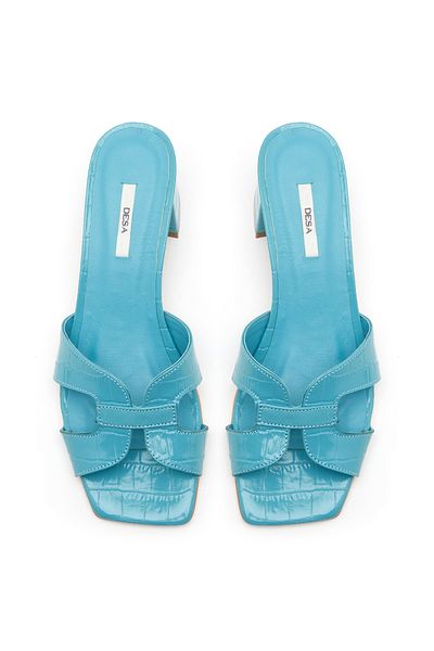 Desa Women's Turquoise Crocodile Printed Leather Slippers