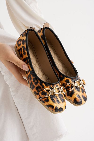 MÜJERİL'S Balerini cu cataramă cu lanț pentru femei Pantofi pentru casă și exterior Balerini leopard