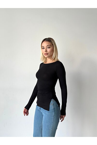 Somut istanbul تي شيرت نسائي بفتحة جانبية من مزيج الكشمير