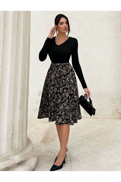 gelirr Women's Long Sleeve V-Neck Top Viscose Bottom Floral Print Single Jersey Short Dress