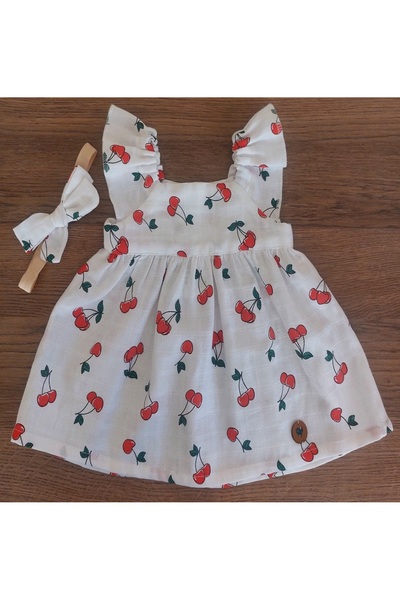 Babyelos Müslin Kumaş Kiraz Desenli Kız Bebek  Müslin Elbise (BANDANA HEDİYEL...