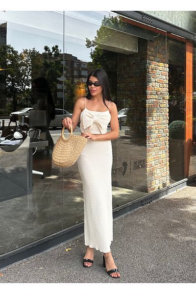 TUĞÇE ÖZER BUTİK Bow Detailed Knitwear Suit Ecru