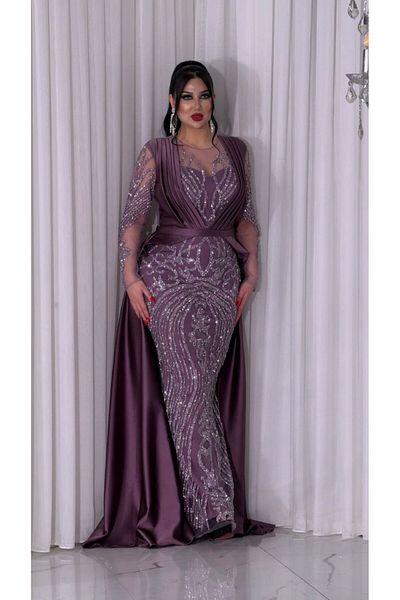 ZENABİYEM Zena Fashion Special Design Sprayed Stone Detailed Satin Train Evening Dress