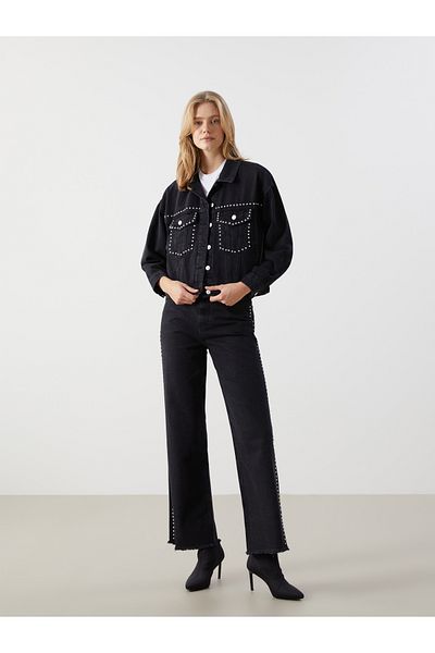LC Waikiki Damen-Jeansjacke mit Hemdkragen und glänzenden Steinen