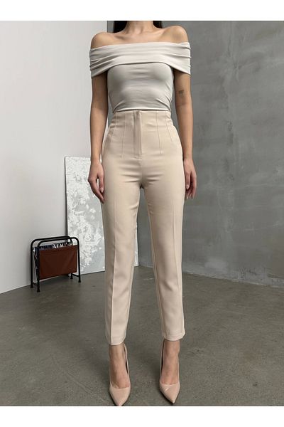 Asfa Moda Pantaloni Palazzo fără nasturi, cu talie plisată, crem