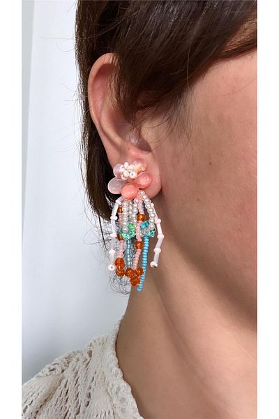 Pelin Aksesuar Salmon Earrings with Pink Flowers and Bead Fringe