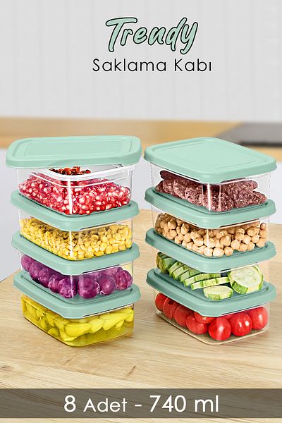 Meleni Home 740ml Green Microwavable Organizer Organizer - 8 Pcs Rectangular Food Storage Container