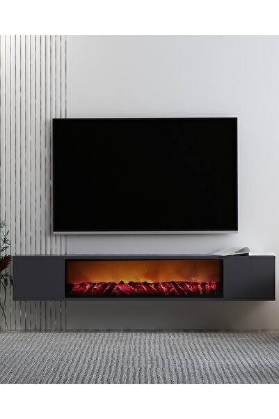 cantek dizayn Parlact Şömineli (B) 150cm Duvara Montaj Tv Sehpası Antrasit