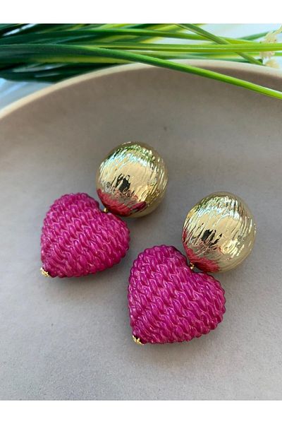 Pelin Aksesuar Fuchsia Wicker Heart Design Earrings