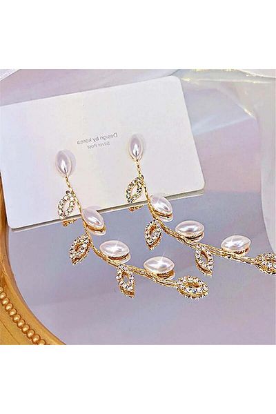 Pelin Aksesuar Crystal and Pearl Leaf Earrings