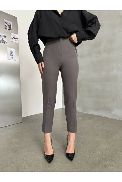 asfamoda Kadın Antrasit Piliseli Bel Oturtmalı Toparlayıcı Düğmesiz Palazzo P...