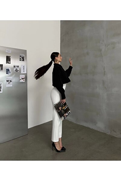 asfamoda Kadın Beyaz Piliseli Bel Oturtmalı Toparlayıcı Düğmesiz Palazzo Pantolon