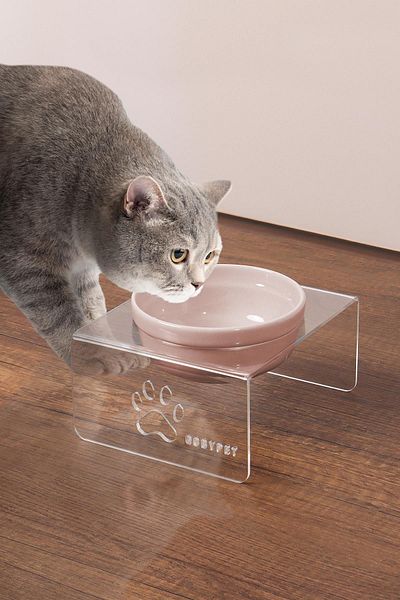 GOBYPET Single Ceramic Decorative Cat and Dog Plexiglass Food & Water Bowl Cat Mat