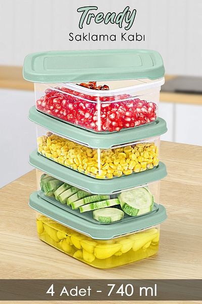Meleni Home 740ml Green Food Storage Container - 4 Pcs Rectangular, Microwavable Organizer