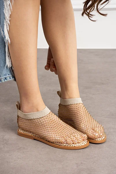 DABAB AYAKKABI Women's Beige Mesh Stone Detailed Elastic Oliva Model Flat Sole Slippers Sandals