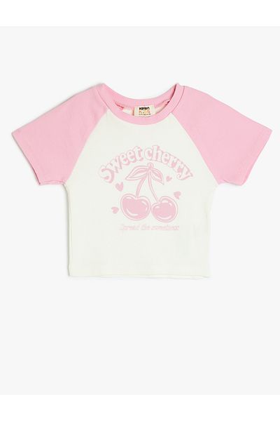 Koton Cherry Printed Short Sleeve Crew Neck Cotton Crop T-Shirt
