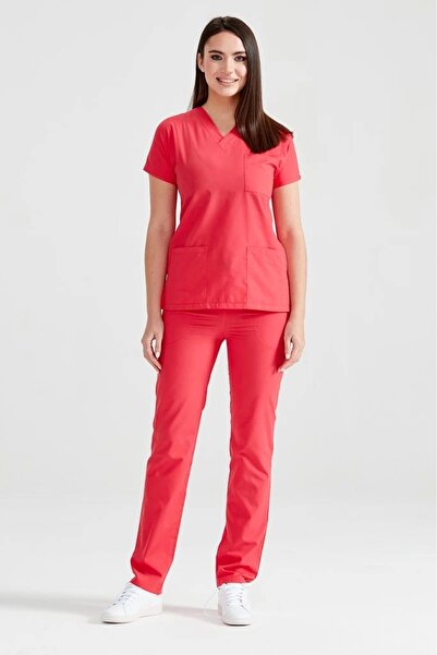 Moodamedikal Nar Çiçeği Renkli Cerrahi Takım Terikoton İnce Kumaş V Yaka Forma