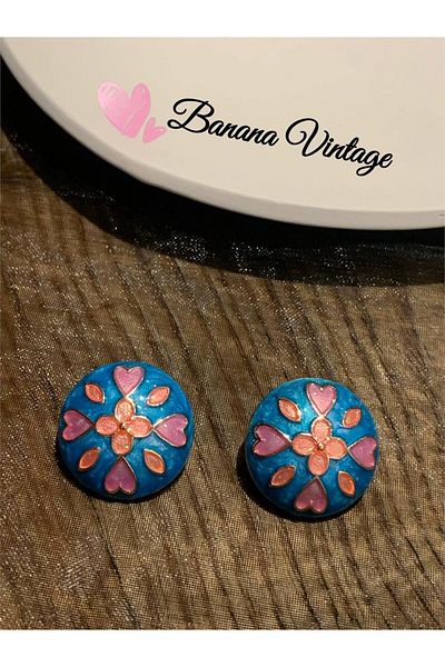 Pelin Aksesuar Vintage Blue Pink Patterned Earrings