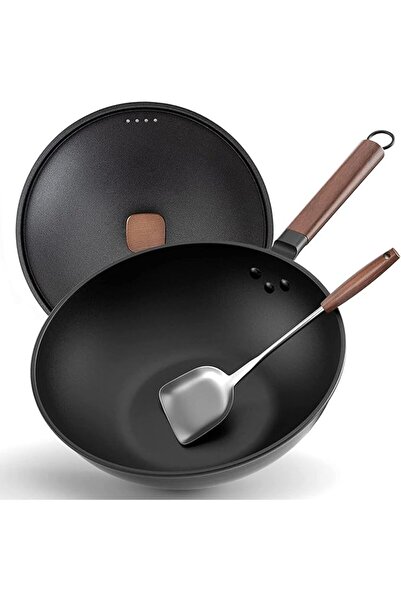 Generic Carbon Steel Wok, 30cm Wok Pan with Lid and Spatula, Nonstick Woks and Stir-fry Pans, No Chemical Co