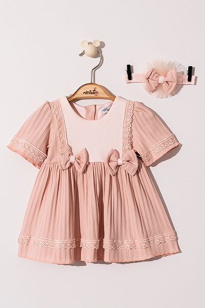 MİNİBORN Newborn Girl's Short Sleeve Powder Roba Bow Rapor Fabric Dress Set