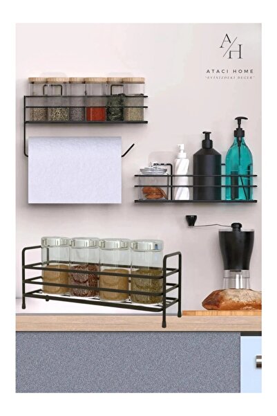 ATACI Yapışkanlı Şampuanlık Baharatlık 3lü Metal Kağıt Havluluk Siyah Standlı...