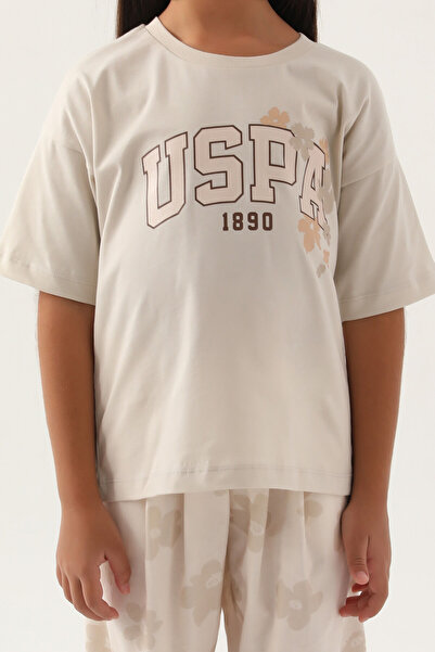 U.S. Polo Assn. Sada dívčího pyžama v béžové barvě s licencí US Polo Assn s květinovým vzorem