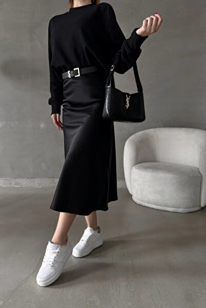 LoremLavida Midi Boy Bel Lastikli Rahat Kalıp Kadın Floş Saten Etek