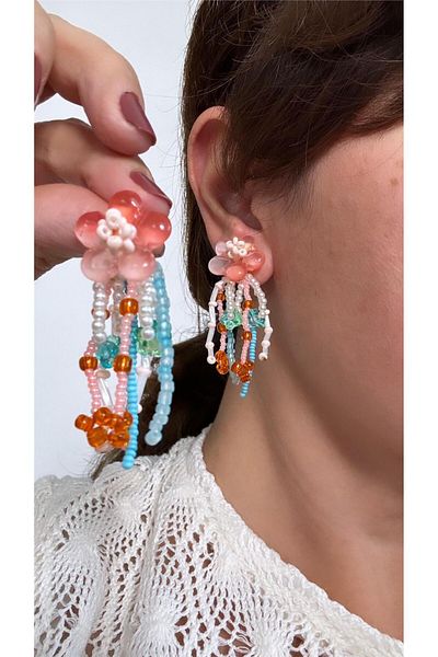 Pelin Aksesuar Salmon Earrings with Pink Flowers and Bead Fringe